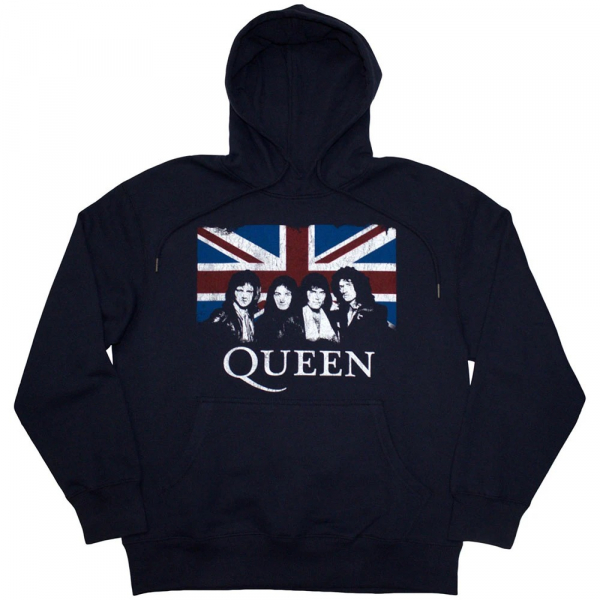 Queen - Vtge Union Jack Uni Navy Hoodie ryhmässä MERCH / Vaatteet / Hupparit @ Bengans Skivbutik AB (5553960r)