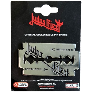 Judas Priest - British Steel Razor Blade Pin Badge ryhmässä MERCHANDISE / Merch / Hårdrock @ Bengans Skivbutik AB (5638263)
