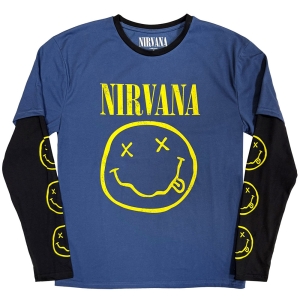 Nirvana - Yellow Happy Face Uni Denim/Bl Layered Longsleeve ryhmässä MERCHANDISE / T-paita / Nyheter / Pop-Rock @ Bengans Skivbutik AB (5643873r)