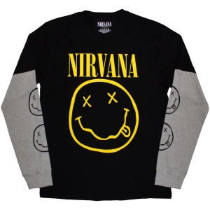 Nirvana - Happy Face Uni Bl/Grey Layered Longsleeve  (L) ryhmässä MERCHANDISE / T-paita / Pop-Rock @ Bengans Skivbutik AB (5644791)