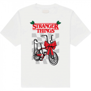 Stranger Things - Christmas Bike Uni Wht T-Shirt ryhmässä MERCHANDISE / T-paita / Kommande / Film-Musikal @ Bengans Skivbutik AB (5649146r)