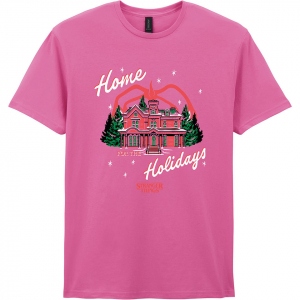 Stranger Things - Home Holidays Uni Pink T-Shirt ryhmässä MERCHANDISE / T-paita / Kommande / Film-Musikal @ Bengans Skivbutik AB (5649179r)