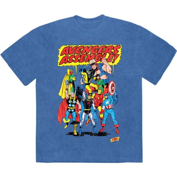 Marvel Comics - Avengers Assemble Retro Stone Wash Uni Denim T-Shirt ryhmässä MERCHANDISE / T-paita / Nyheter / Film-Musikal @ Bengans Skivbutik AB (5674004r)