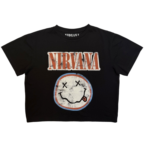 Nirvana - Distressed Logo Lady Bl Crop Top ryhmässä MERCHANDISE / T-paita / Kommande / Pop-Rock @ Bengans Skivbutik AB (5681177r)