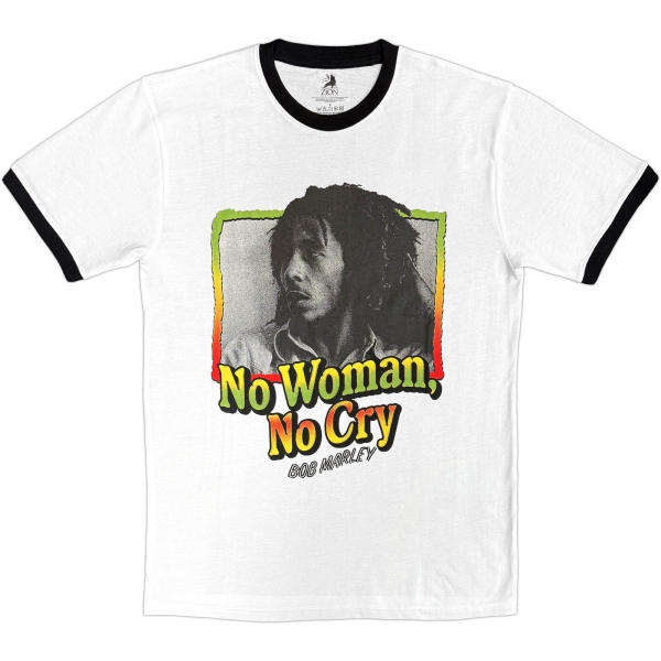 Bob Marley - No Woman, No Cry Ringer Uni Wht T-Shirt ryhmässä MERCH / Vaatteet / T-paidat @ Bengans Skivbutik AB (5685414r)