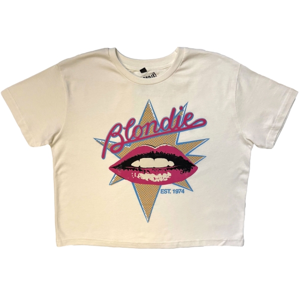 Blondie - Lips Stone Wash Lady Wht Crop Top ryhmässä MERCHANDISE / T-paita / Nyheter / Pop-Rock @ Bengans Skivbutik AB (5692977r)