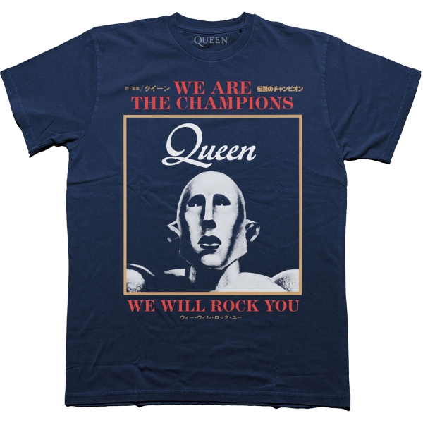 Queen - We Are The Champions We Will Rock You Uni Navy T-Shirt ryhmässä MERCHANDISE / T-paita / Nyheter / Pop-Rock @ Bengans Skivbutik AB (5693017r)