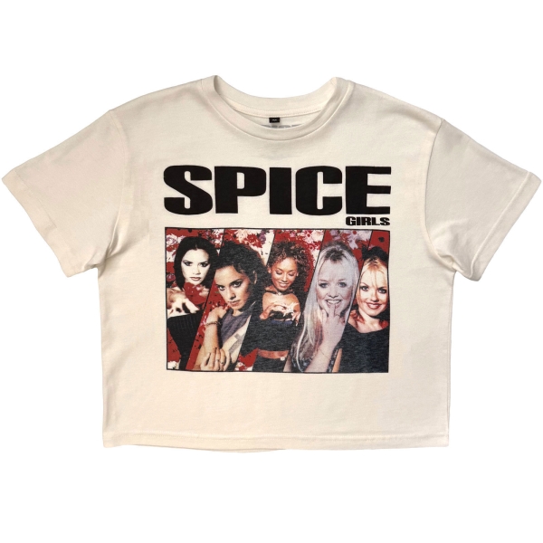 Spice Girls - Collage Stone Wash Lady Wht Crop Top ryhmässä MERCHANDISE / T-paita / Nyheter / Pop-Rock @ Bengans Skivbutik AB (5693026r)